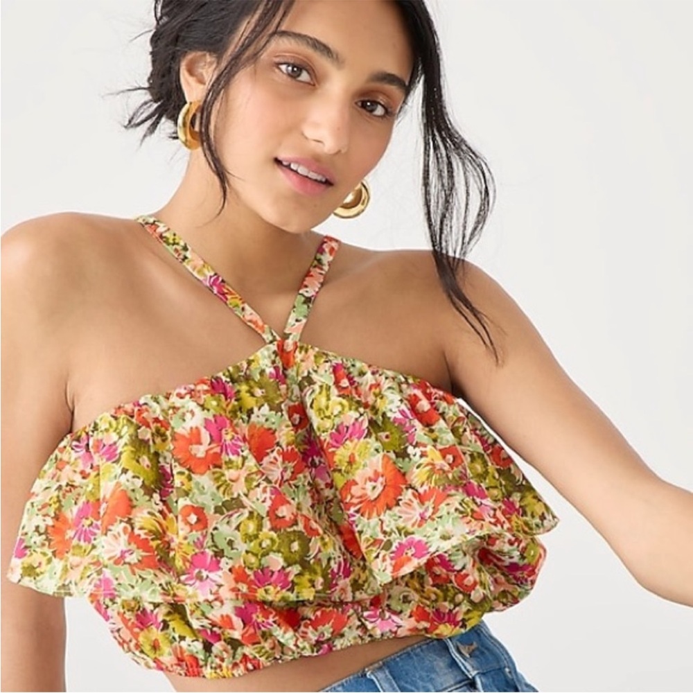 J. crew Ruffle‎ halter top in painted block print